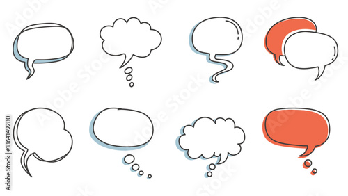 Set of various speech bubbles and thought balloons for communication on an isolated white background.