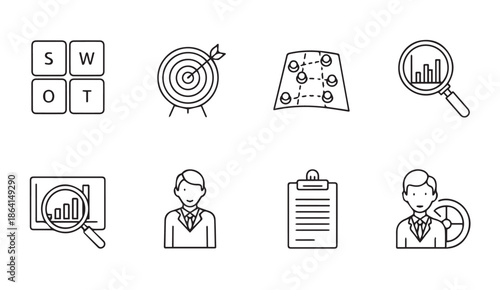 Business strategy and analysis icons including SWOT, target, and chart symbols