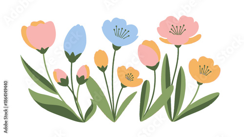 Colorful Spring Flowers Bouquet with Green Leaves on Isolated White Background