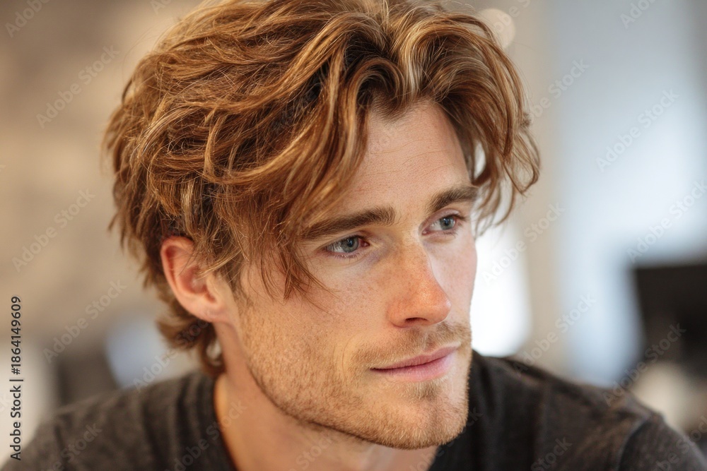 Obraz premium Young man with blonde wavy hair and stubble looking pensive