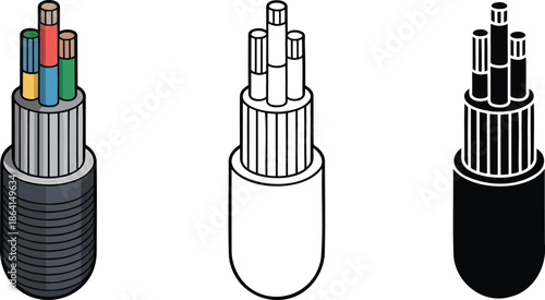 Electrical cable silhouette & Outline and illustration set isolated on transparent background