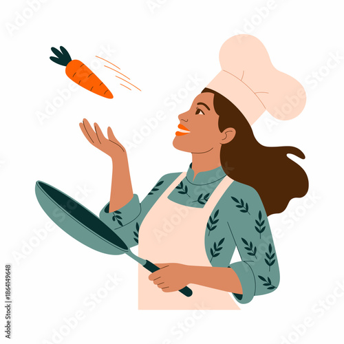 A cheerful female chef expertly tosses a carrot in the air while holding a frying pan, symbolizing the joy of cooking and culinary creativity in a vibrant kitchen setting.