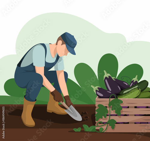 A vibrant depiction of a gardener carefully tending to a vegetable garden with eggplants and zucchinis, reflecting nature's bounty, agriculture, and sustainable living.
