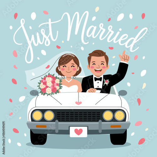 Illustration of a joyful newlywed couple driving away in a vintage car, surrounded by petals, embodying love, happiness, and celebration of their new journey together.