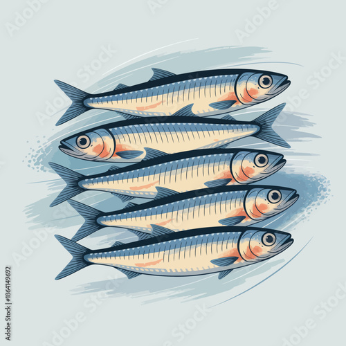 This image features five silvery fish swimming in a smooth formation, showcasing their streamlined bodies and reflective scales against a soft background.