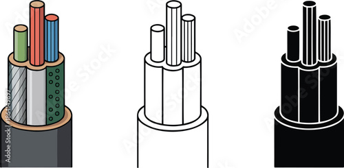 Electrical cable silhouette & Outline and illustration set isolated on transparent background