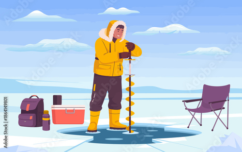 A brave fisherman dressed warmly is drilling a hole in the ice while enjoying the peaceful winter landscape, showcasing adventure and the love for outdoor activities in winter.