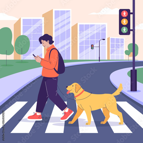 The image captures a young man happily walking his dog in an urban environment, highlighting a crosswalk and traffic signals, reflecting modern city life and companionship.