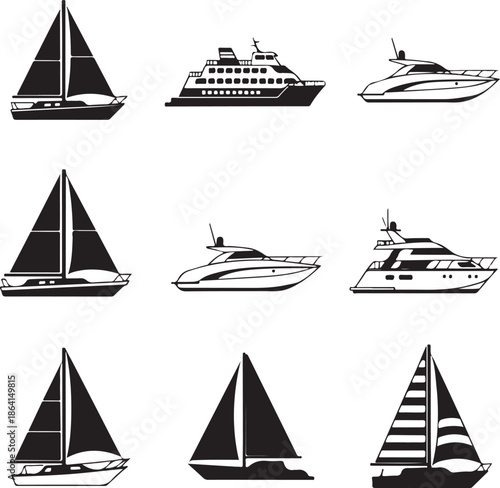 Collection of black and white boat silhouettes sailboat