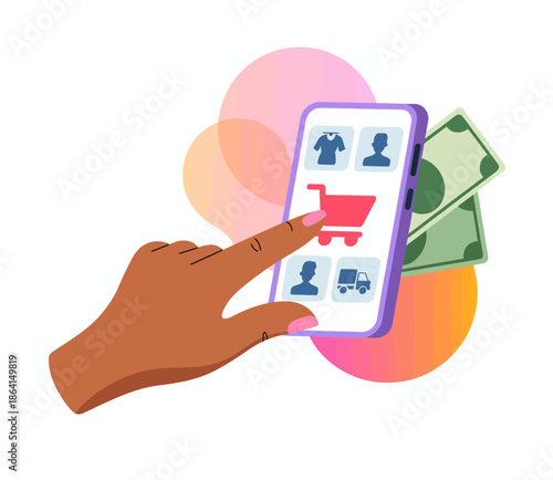 An illustration depicting a hand interacting with an online shopping app, emphasizing modern consumer habits paired with virtual payments and enhancing the digital experience.