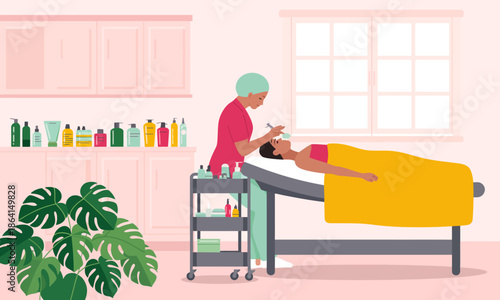 An inviting scene featuring a skilled esthetician providing a calming facial treatment, showcasing tranquility and self-care in a serene spa environment.