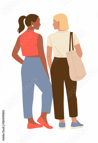 Portrayal of two women stand closely facing away from the viewer, engaged in an intimate conversation, emphasizing friendship, connection, and trust through body language.