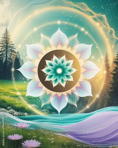 Beautiful sacred mandala surrounded by nature, colorful background