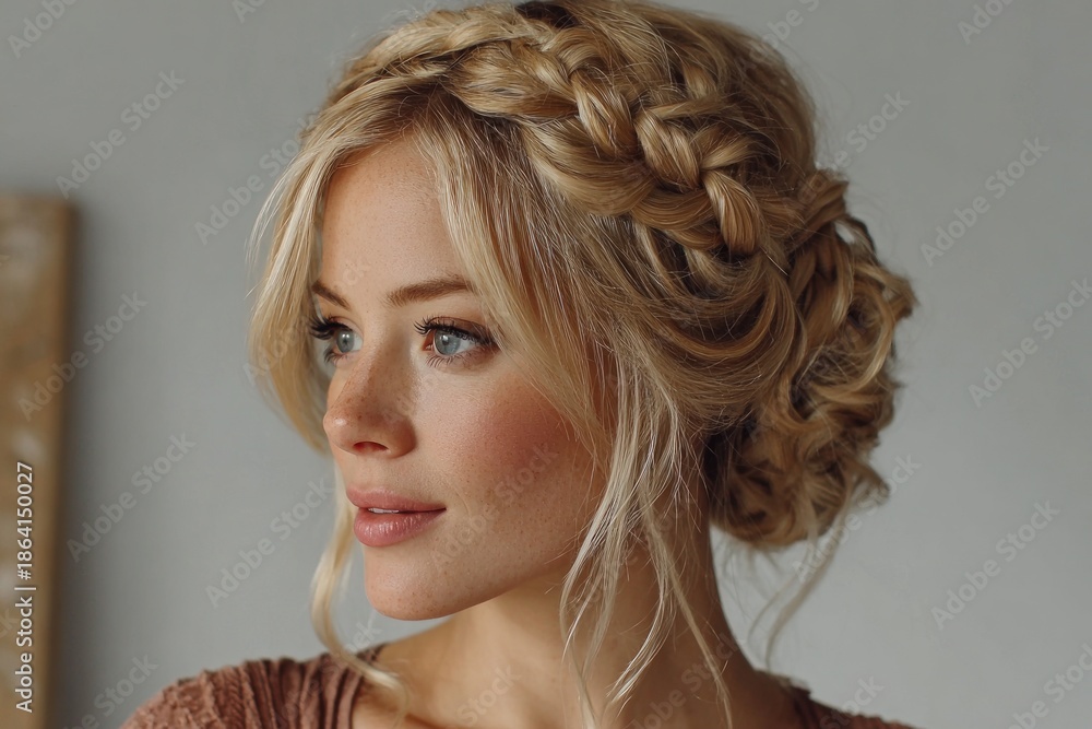 Fototapeta premium Blonde woman featuring an elegant braided updo hairstyle with natural makeup