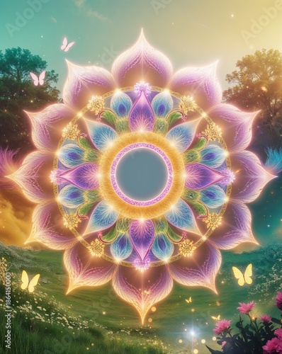 Beautiful sacred mandala surrounded by nature, colorful background