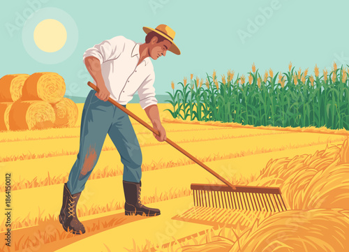 This illustration captures the essence of farming, showing a dedicated male farmer raking wheat in a golden field, with hay bales and a cornfield in the background.