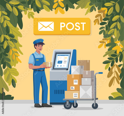 The illustration showcases a postal worker engaging with a modern mailing station, representing efficiency, service, and the importance of communication in everyday life.