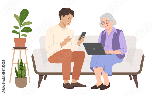 This image shows a young man engaging with an elderly woman as they interact over digital devices, illustrating generational connections and the sharing of technology.