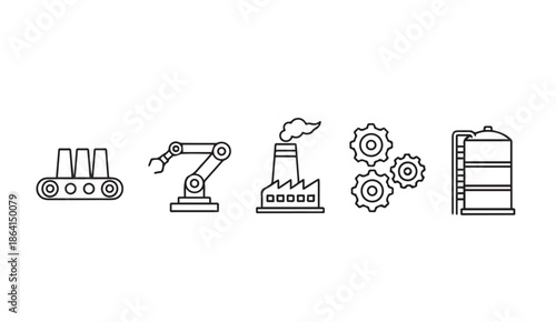 Industrial icons set including conveyor belt, robotic arm, factory, gears, and storage tank