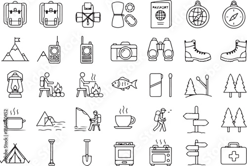 Camping and hiking equipment icons line art backpack