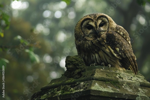 Brown owl resting on a moss covered stone monument in a tranquil forest setting, creating a captivating scene of wildlife and nature