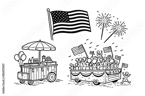 Hand drawn fourth of july celebration with parade and fireworks