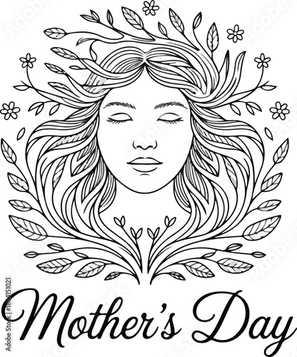 Black and white line art illustration of a woman with floral hair for mother s day