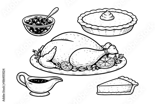Thanksgiving dinner sketch with turkey, pie, and cranberry sauce