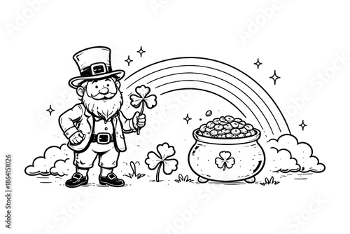 Charming leprechaun with rainbow and pot of gold in black and white line art