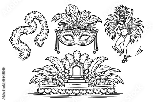 Carnival celebration elements: mask, costume, dancer, and parade stage in outline style