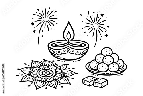 Elegant diwali celebration with traditional elements in black and white design