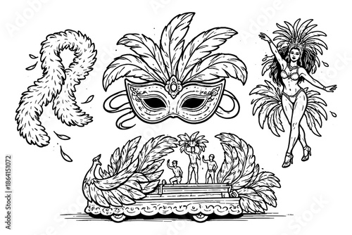Carnival celebration essentials: feathered masks, dancers, and floats illustration