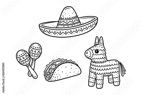 Festive mexican elements with sombrero, maracas, taco, and piñata in black and white
