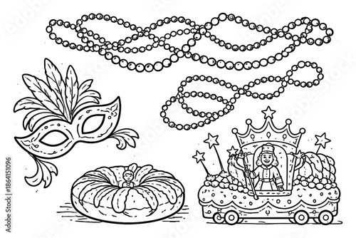 Festive mardi gras elements featuring mask, king cake, and parade float