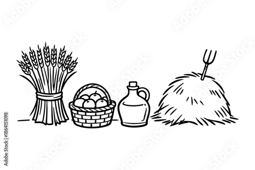 Autumn harvest elements with hand drawn style including wheat, apples, oil jug, and haystack