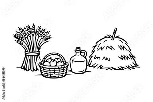 Rustic harvest elements: wheat, apples, jug, and hay bales in black and white line art