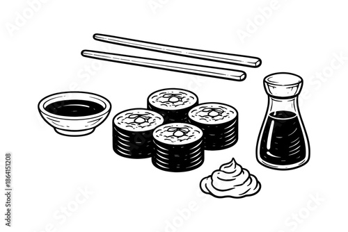 Monochrome sushi set with chopsticks, soy sauce, and wasabi in hand-drawn style