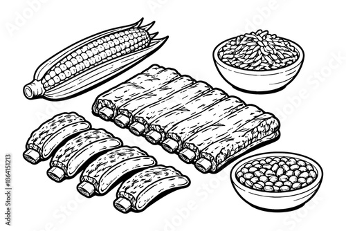 Hand-drawn bbq ribs with corn and sides in black and white line art