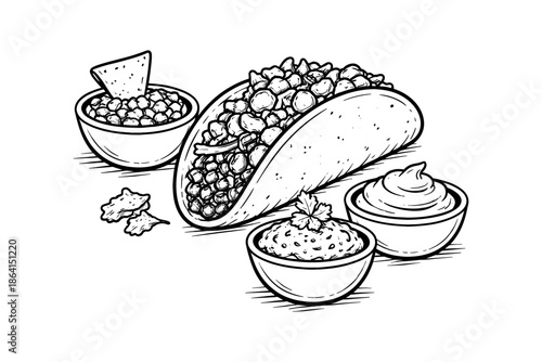 Hand-drawn taco with salsa, guacamole, and sour cream in black and white