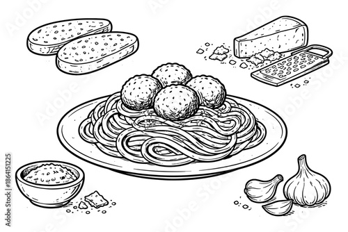 Hand-drawn spaghetti and meatballs with cheese and garlic in vintage style