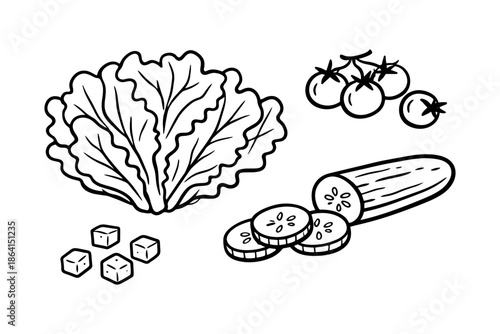 Hand-drawn black and white vegetable set with lettuce, cucumber, cherry tomatoes, and croutons