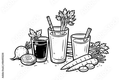 Hand drawn juices with fresh vegetables and straws in black and white