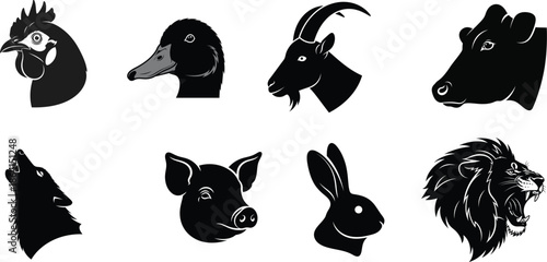 Silhouette of various animal heads in black and white