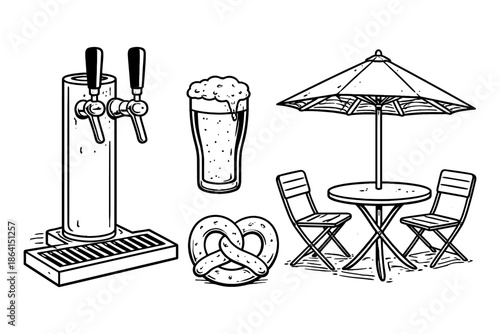 Outdoor beer garden essentials: tap, pint, pretzel, and patio setup in black and white