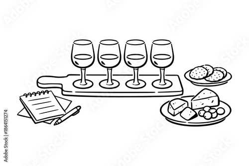 Wine tasting with cheese platter and notepad in linear style