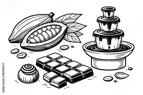 Hand drawn cocoa pod with chocolate fountain and truffles