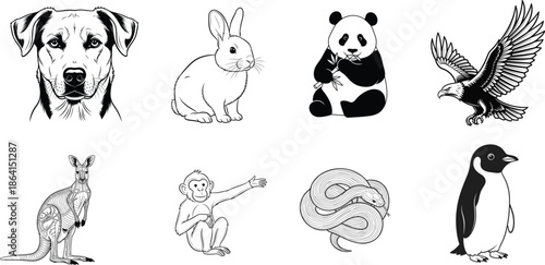 Black and white animal silhouette illustrations including dog rabbit panda eagle kangaroo monkey lion penguin