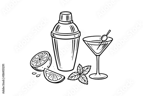 Cocktail shaker and martini glass with citrus and mint in black and white line art