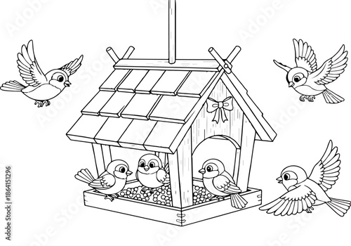 Charming Wild Birds Gathering at a Rustic Wooden Bird Feeder, a Delightful Vector Line Art Coloring Book Page for Children and Adults