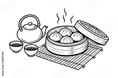 Traditional asian tea and dim sum meal in hand drawn style
